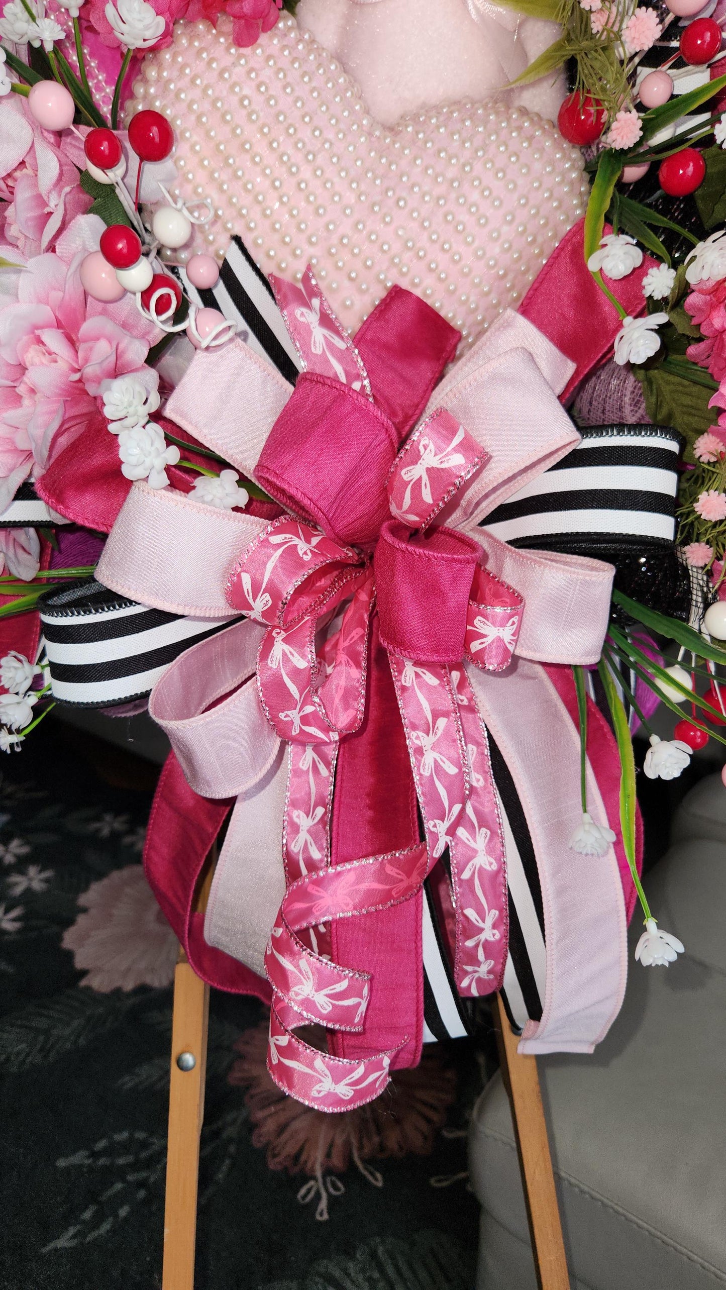 Teddy Bear Valentine Wreath | Pink Floral Heart Door Decor