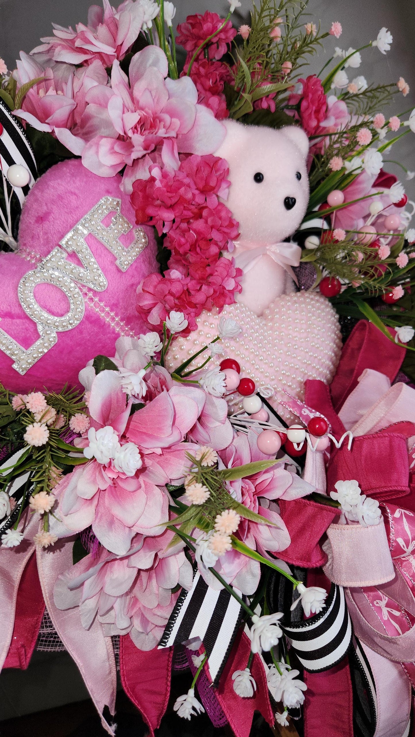 Teddy Bear Valentine Wreath | Pink Floral Heart Door Decor
