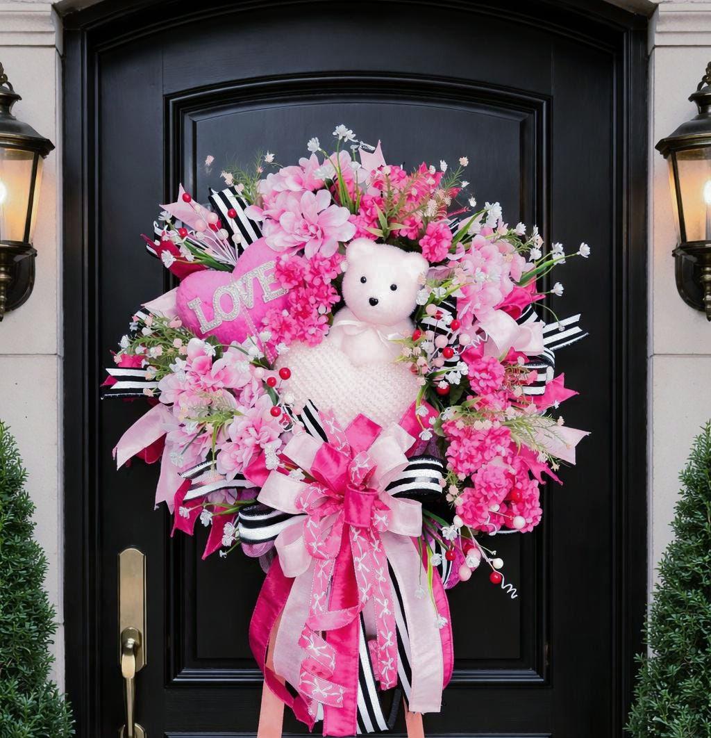 Teddy Bear Valentine Wreath | Pink Floral Heart Door Decor