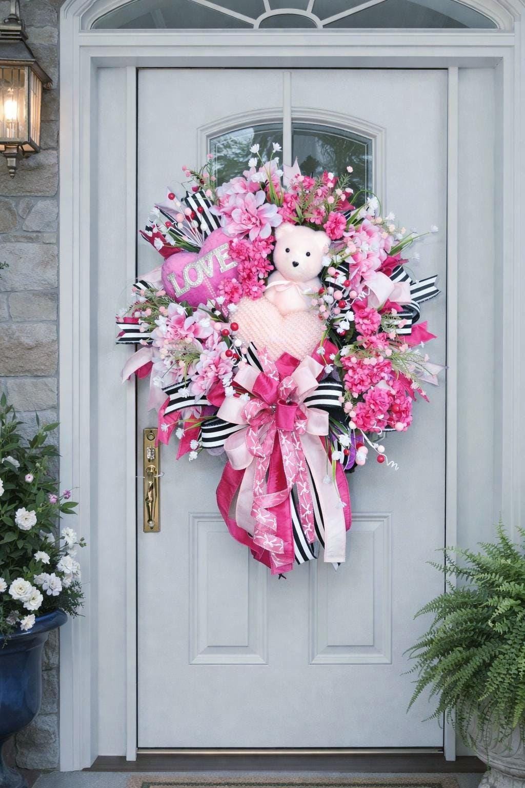Teddy Bear Valentine Wreath | Pink Floral Heart Door Decor
