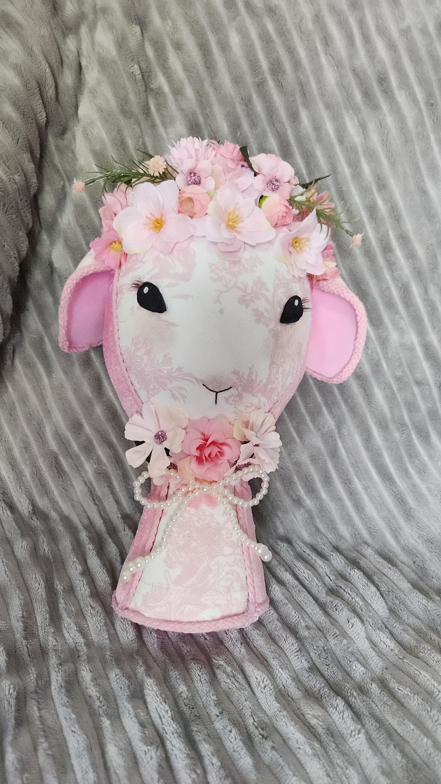 Lamb Heirloom Pink Toile Lamb – Handmade Easter Wreath Attachment | One-of-a-Kind Spring Decor
