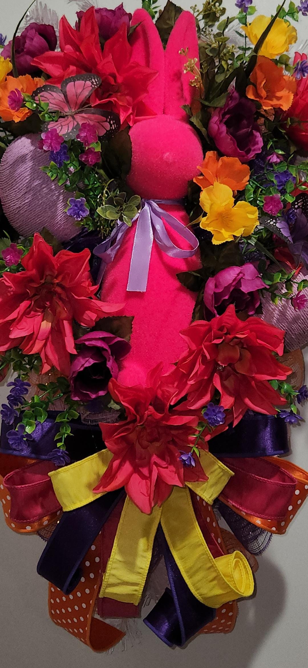 Bold Flocked Bunny Door Swag | Hot Pink, Purple, Yellow Floral Spring Decor