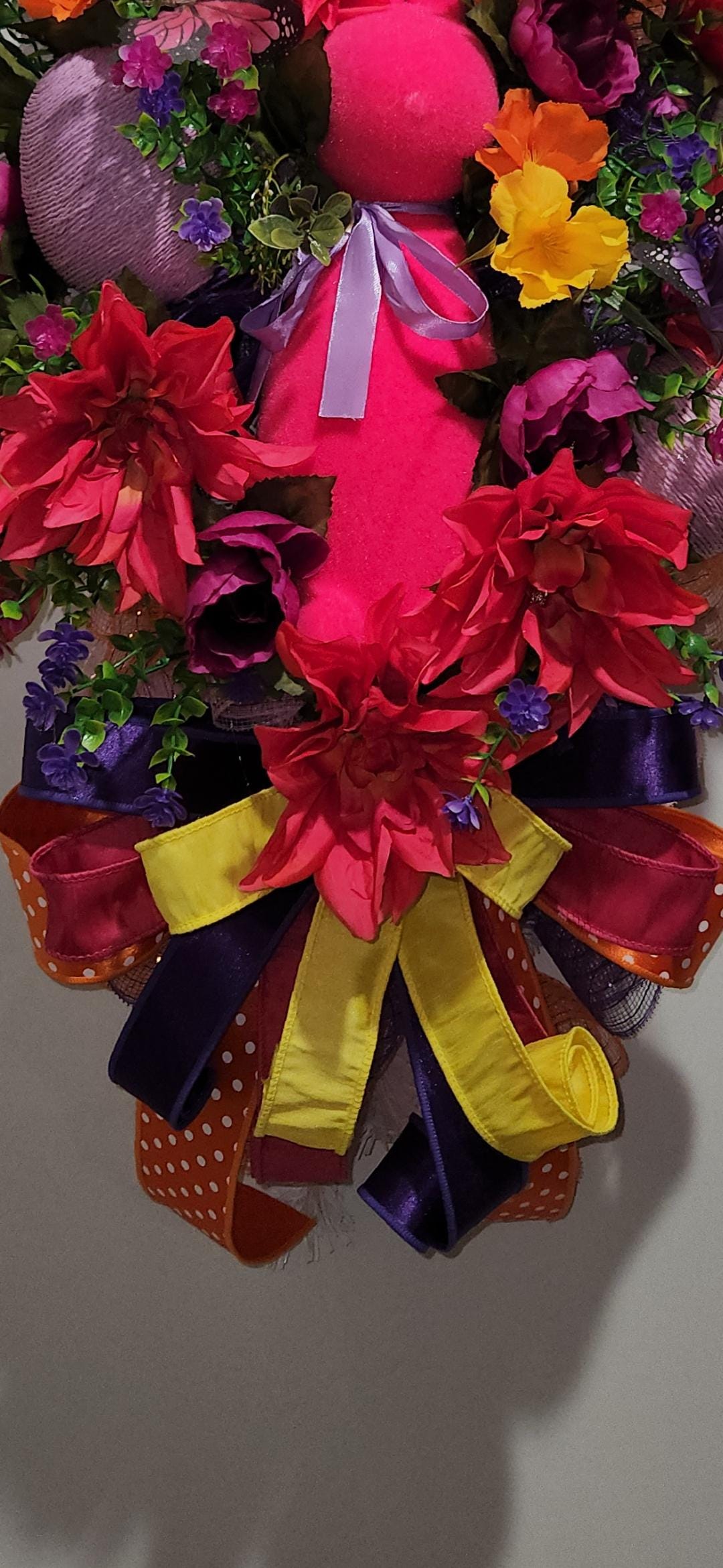 Bold Flocked Bunny Door Swag | Hot Pink, Purple, Yellow Floral Spring Decor
