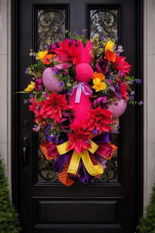 Bold Flocked Bunny Door Swag | Hot Pink, Purple, Yellow Floral Spring Decor