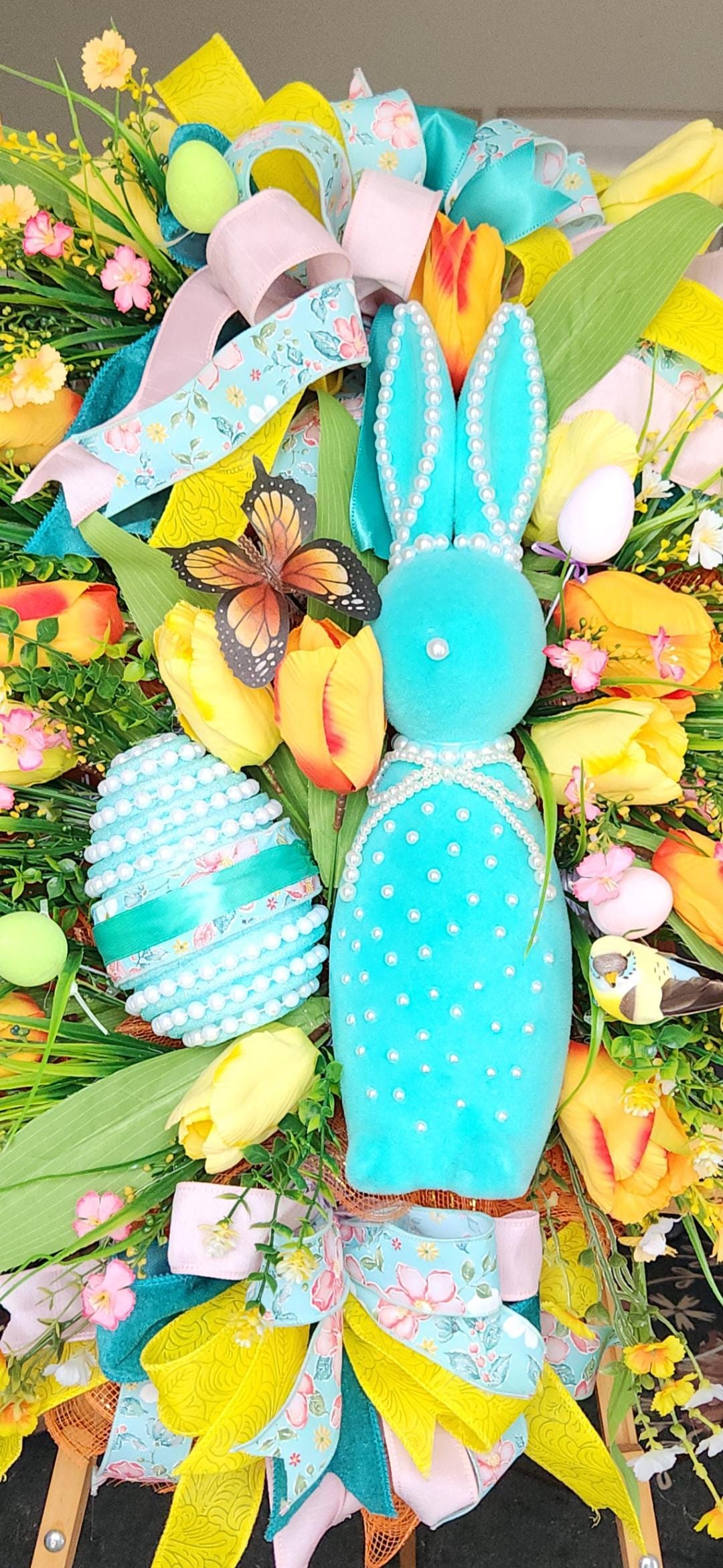 Teal Flocked Bunny Door Swag | Hand-Pearled Easter Egg, Tulips, Florals | Spring Farmhouse Decor