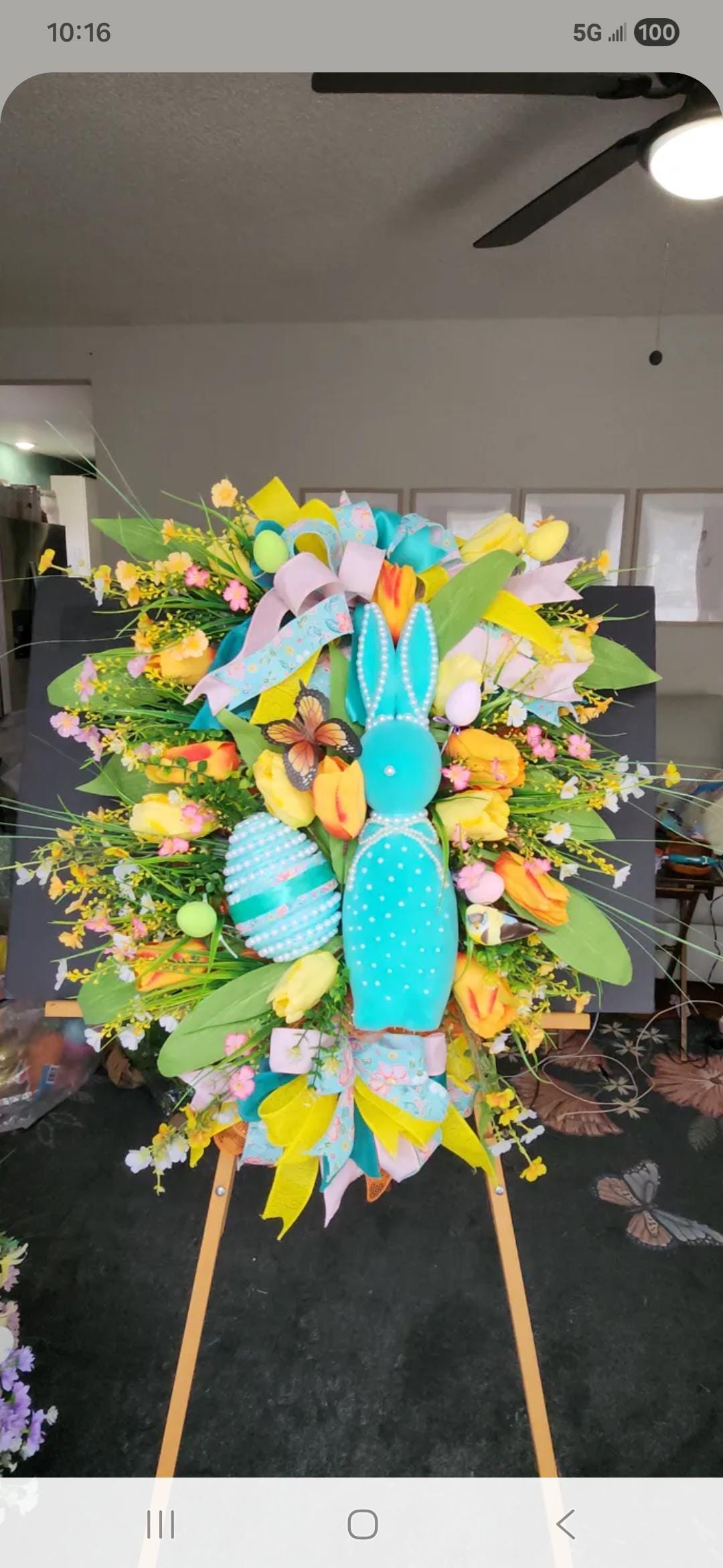 Teal Flocked Bunny Door Swag | Hand-Pearled Easter Egg, Tulips, Florals | Spring Farmhouse Decor