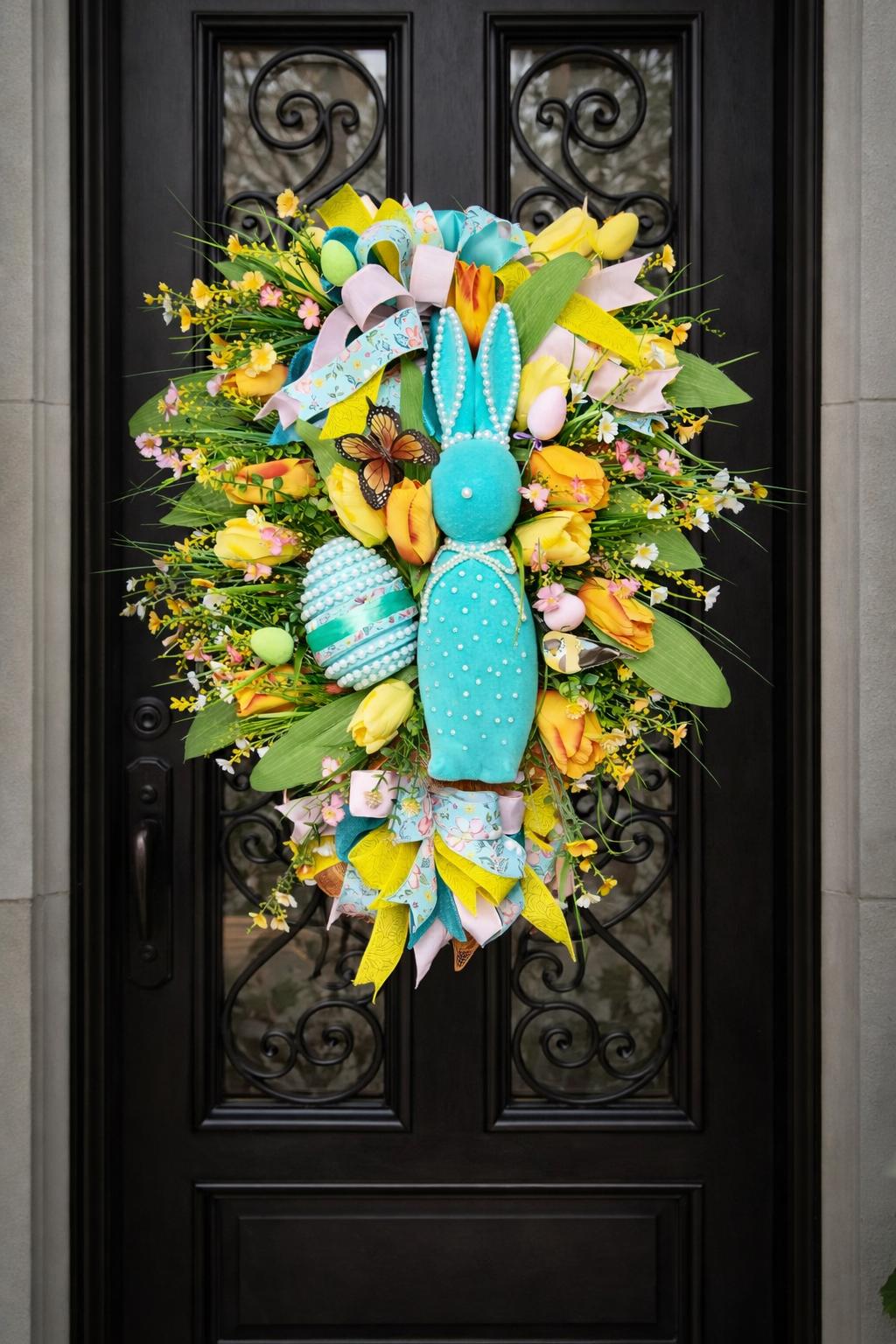 Teal Flocked Bunny Door Swag | Hand-Pearled Easter Egg, Tulips, Florals | Spring Farmhouse Decor