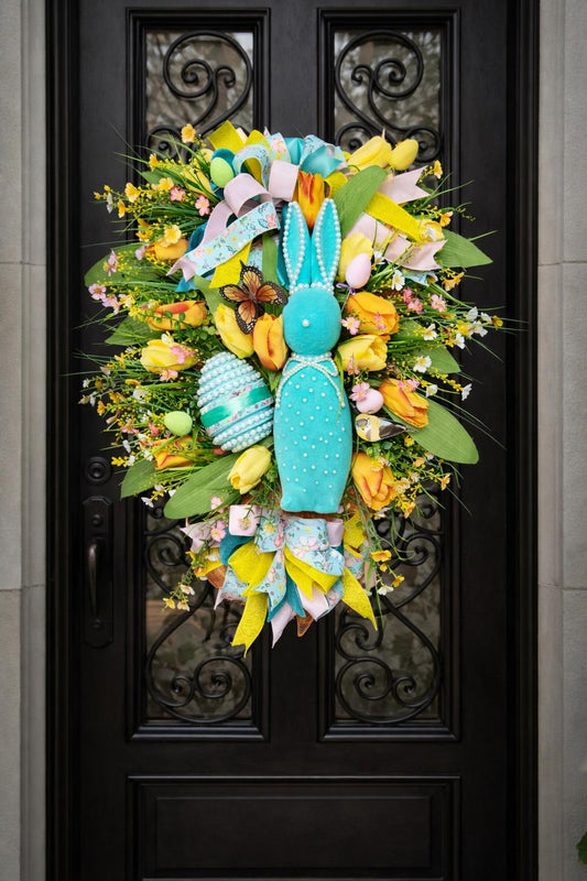 Teal Flocked Bunny Door Swag | Hand-Pearled Easter Egg, Tulips, Florals | Spring Farmhouse Decor