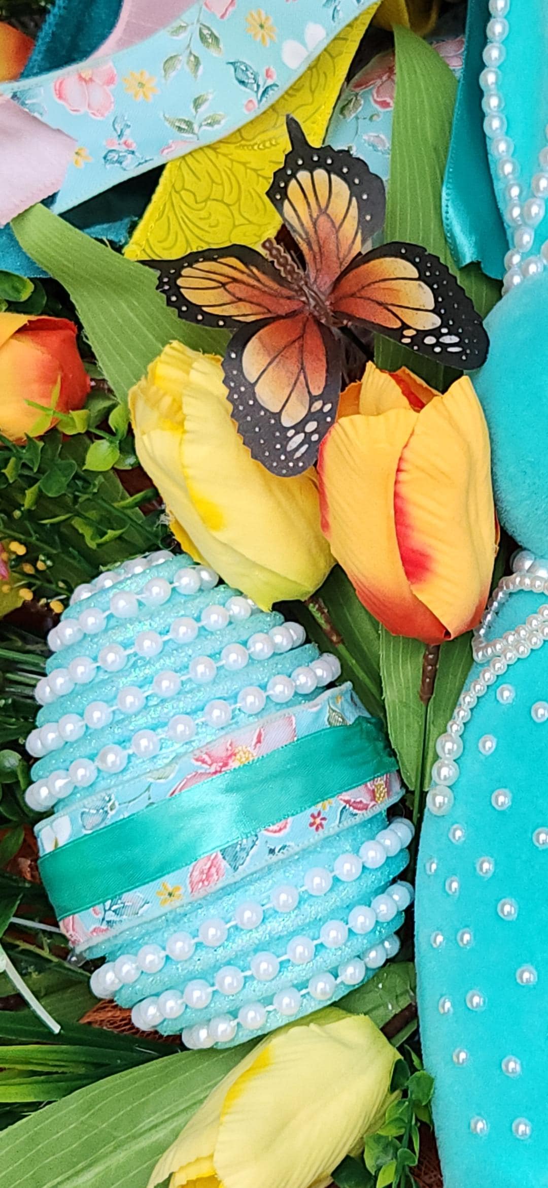 Teal Flocked Bunny Door Swag | Hand-Pearled Easter Egg, Tulips, Florals | Spring Farmhouse Decor