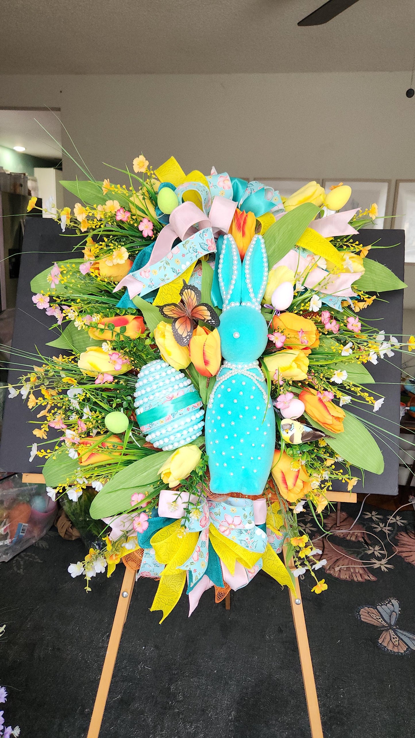 Teal Flocked Bunny Door Swag | Hand-Pearled Easter Egg, Tulips, Florals | Spring Farmhouse Decor